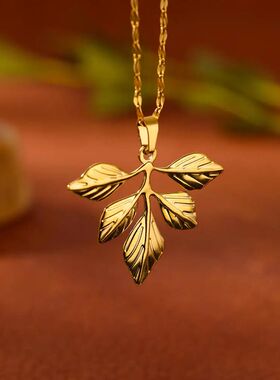 Stainless Steel Leaf Pendant Necklace for Women Gold Plated