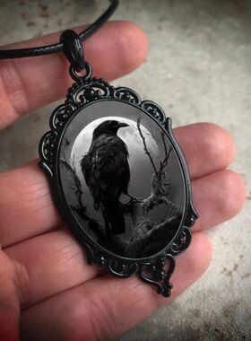 Gothic Retro Dark Oval Lacework Crow Moon Glass Pendant Neck