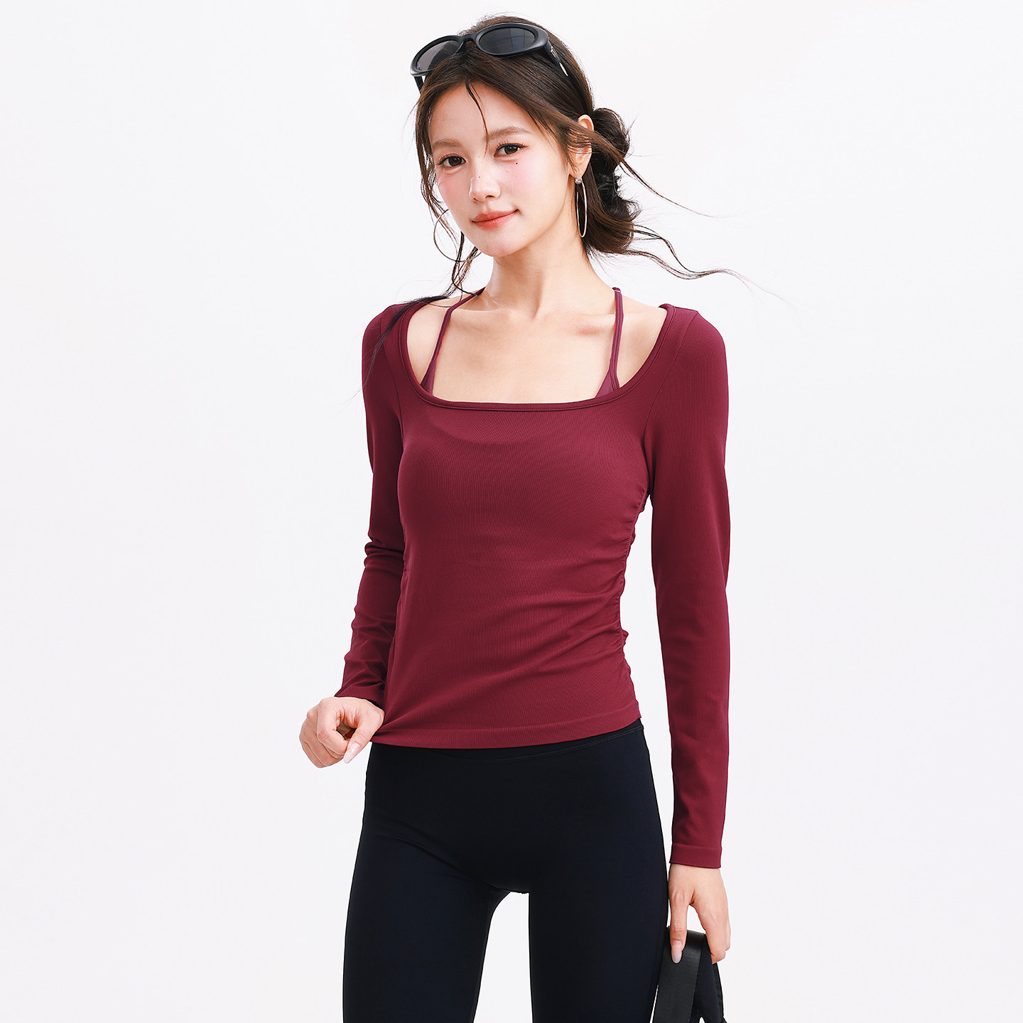 奔跑吧卡卡运动T恤女褶皱瑜伽服长袖内搭设计感上衣健身服跑步女,淘宝优惠券,粉丝福利购,淘宝优惠卷