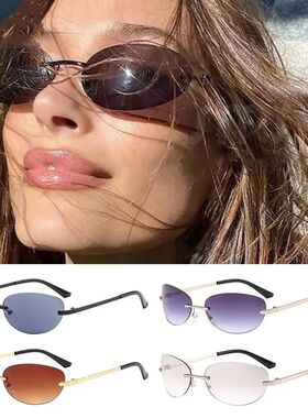Rimless Sunglasses Trendy Oval 2000's Sun Glasses Y2K Wrap A