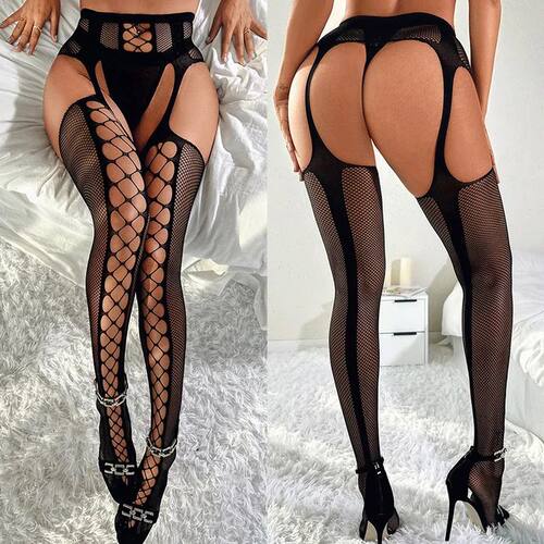 Erotic Crotchless Lingerie Women Black Stockings With Garter - 图0