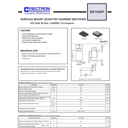 原装SR1550P-W丝印15S50 肖特基15A50V二极管TO-277新能源充电器 - 图1