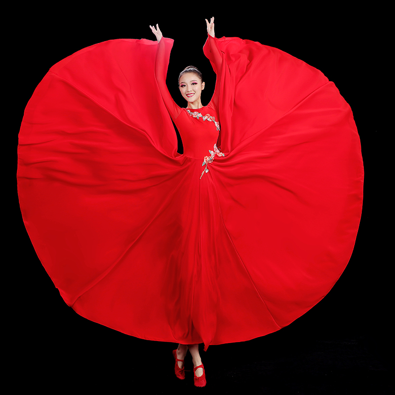 女红色舞蹈裙连衣裙修身弹力大摆裙雪纺舞蹈练习裙开场歌伴舞蹈裙