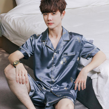 ຊຸດນອນສໍາລັບຜູ້ຊາຍ, summer ice silk silk silk sleeved short-sleeved short-sleeves, men's home clothes, suits large sizes can be wear outside in summer