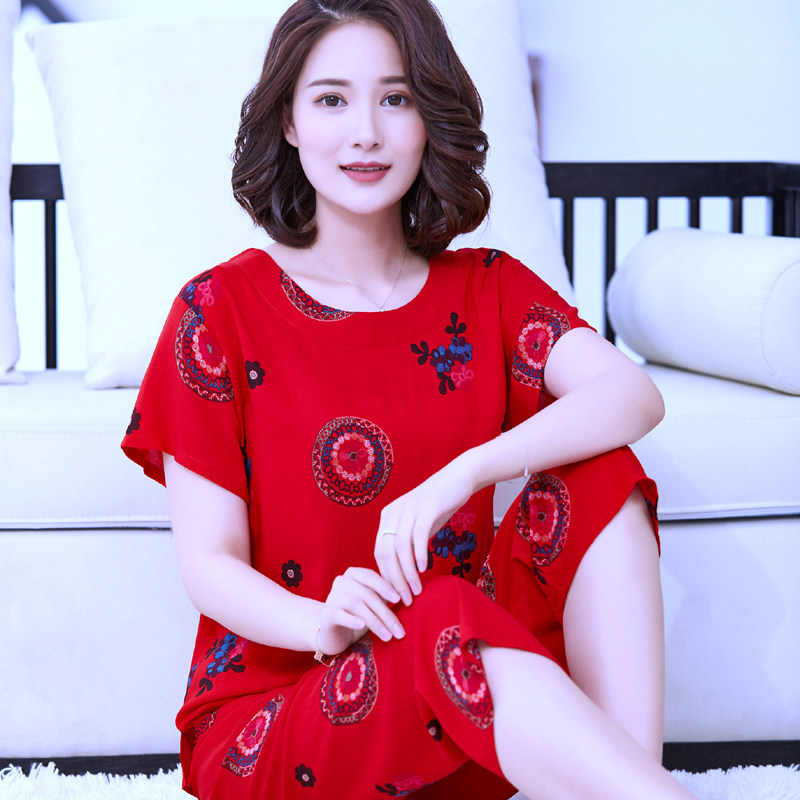 短袖大红喜庆中老年女士棉绸睡衣 顿尼科睡衣/家居服套装