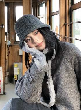 日系条纹灰色毛绒渔夫帽素颜百搭盆帽水桶帽秋冬纯色针织毛线帽女