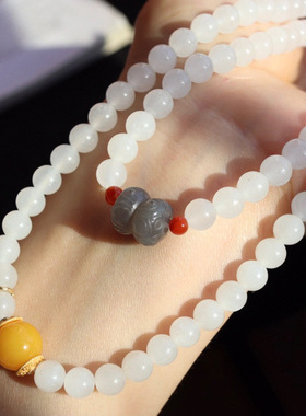 天然青海和田玉白玉手链6mm多圈一级货高品质礼品女士和田玉手串