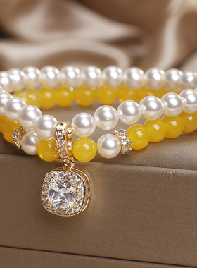 天然黄玉珍珠拼色双层手链