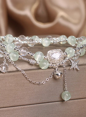 夏日清新绿色猫眼石白水晶手链