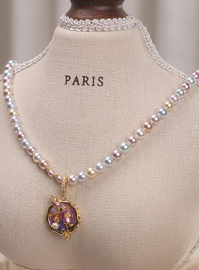 法式复古油画玫瑰吊坠珍珠项链女