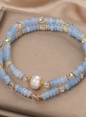 天然海蓝宝算盘珠双圈手链女