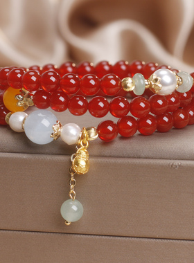 天然红玛瑙三圈手链本命年招财