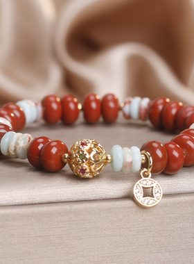 红石珍珠钱币招财算盘珠手链女