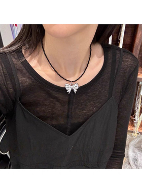 韩国东大门ins 小众银色蝴蝶结吊坠项链女精致气质百搭锁骨链颈链