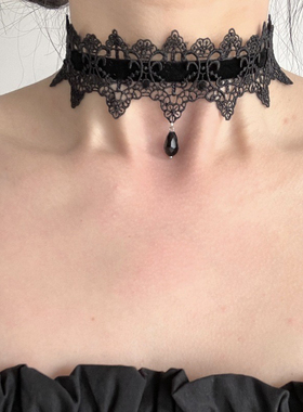 暗黑禁欲系 绑带蝴蝶结蕾丝水滴吊坠项圈choker脖子饰品锁骨链