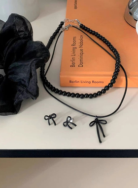 韩国fever同款仿黑玛瑙项链蝴蝶结吊坠锁骨链暗黑风叠戴项链颈链