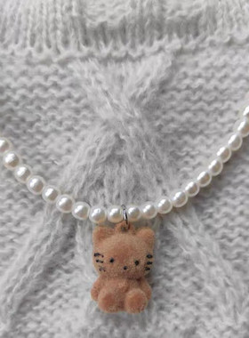 韩国东大门ins丝绒咖色KT猫咪珍珠项链小众可爱少女百搭锁骨链