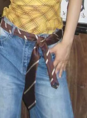 两用咖啡条纹腰带配牛仔裤美式复古小众领带设计宽松休闲男女neck
