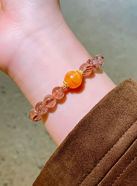 S925银晕染发晶圆球蜜蜡手链新中式复古时尚手串小众高级感手饰