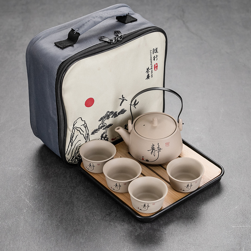 粗陶日式旅行功夫茶具家用茶盘一壶四杯简约过滤茶壶便携包小套装,淘宝优惠券,粉丝福利购,淘宝优惠卷