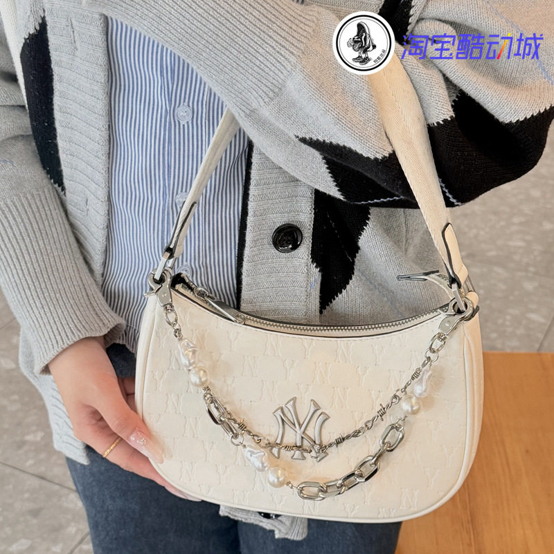 韩国MLB正品复古老花金属皮质腋下包洋基队女款单肩挎包手提包