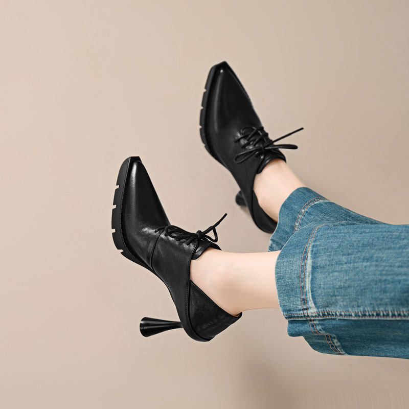 8.9cm头层牛皮深口单鞋女欧美风尖头系带时尚百搭皮鞋显瘦高跟鞋,淘宝优惠券,粉丝福利购,淘宝优惠卷