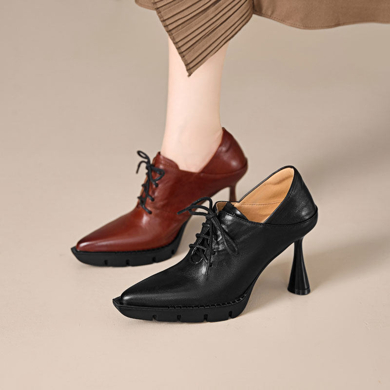 8.9cm头层牛皮深口单鞋女欧美风尖头系带时尚百搭皮鞋显瘦高跟鞋,淘宝优惠券,粉丝福利购,淘宝优惠卷