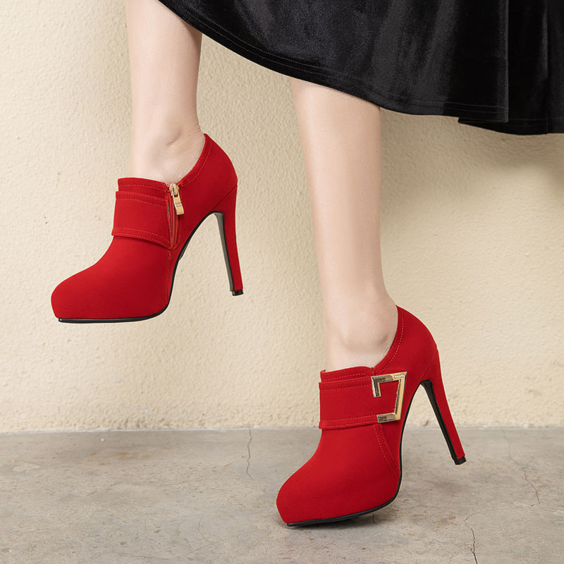 红色女生12厘米高跟鞋女性感结婚细跟短靴女防水台尖头百搭女靴子 - 图0