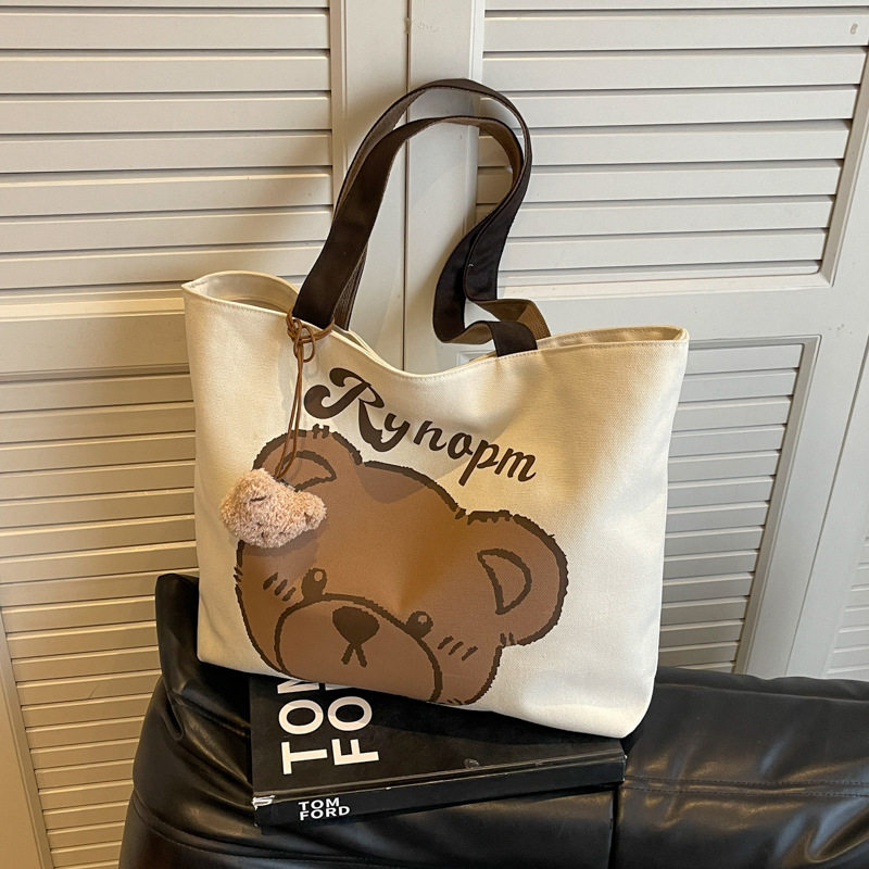 可爱小熊帆布包休闲大容量包包女2025新款学生上课通勤单肩托特包,淘宝优惠券,粉丝福利购,淘宝优惠卷