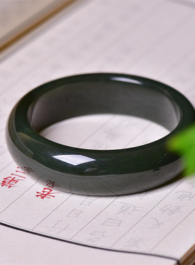 天然和田玉青玉少女宽条手镯正宗新疆玉石扁条玉镯子简约妈妈手饰