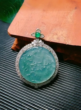 S925银镶A货翡翠蓝水圆牌吊坠