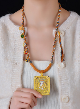 双面吞金兽壳唐卡五路财神吊坠