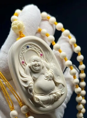 天然猛犸象牙弥勒笑佛吊坠纯手工国风复古佛像牌子毛衣链项饰饰品