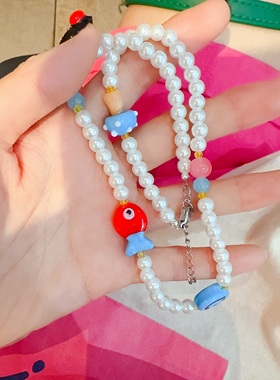 多巴胺彩色爱心透明串珠项链女可爱蘑菇吊坠锁骨链颈链配饰品