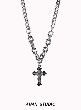 古巴链镶钻十字架项链男潮锁骨链