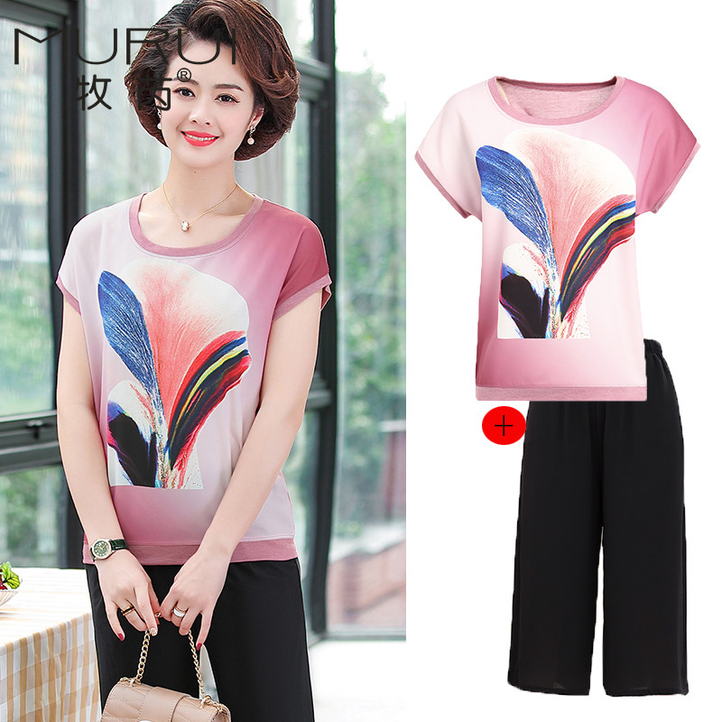 中老年女装夏装套装短袖t恤阔腿裤 牧芮中老年女装