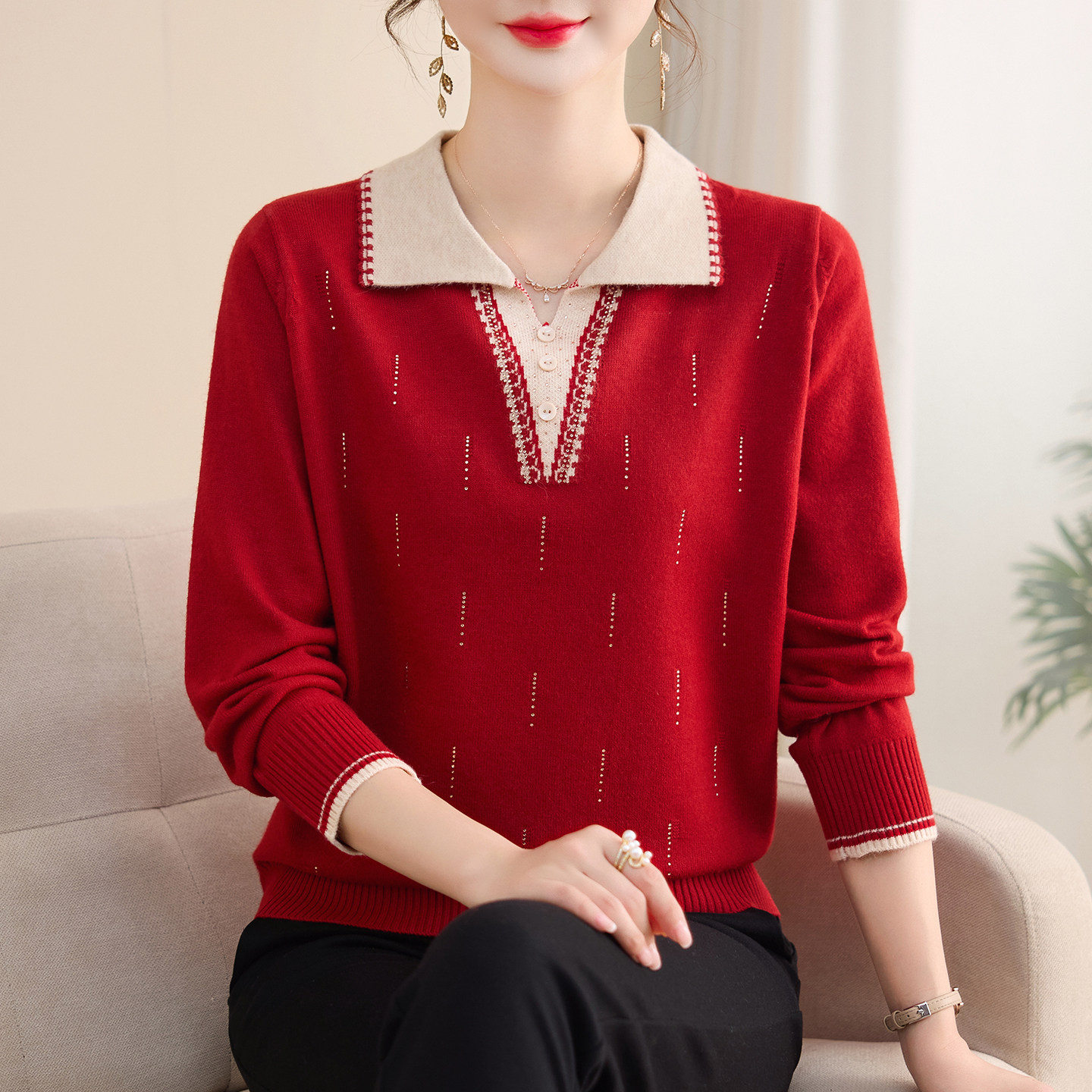 妈妈秋装2025新款长袖上衣服洋气中老年轻毛衣女秋冬装翻领打底衫,淘宝优惠券,粉丝福利购,淘宝优惠卷