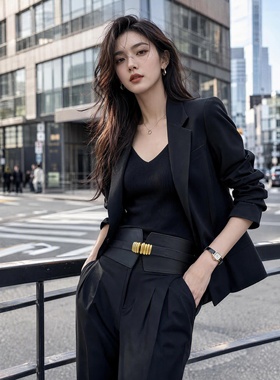 黑色弹力褶皱宽腰封女 复古金扣束腰 搭配连衣裙西装显瘦装饰腰带