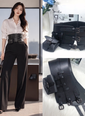 复古机能多扣宽腰封女可拆卸腰包束腰腰带配大衣西装连衣裙工装裙