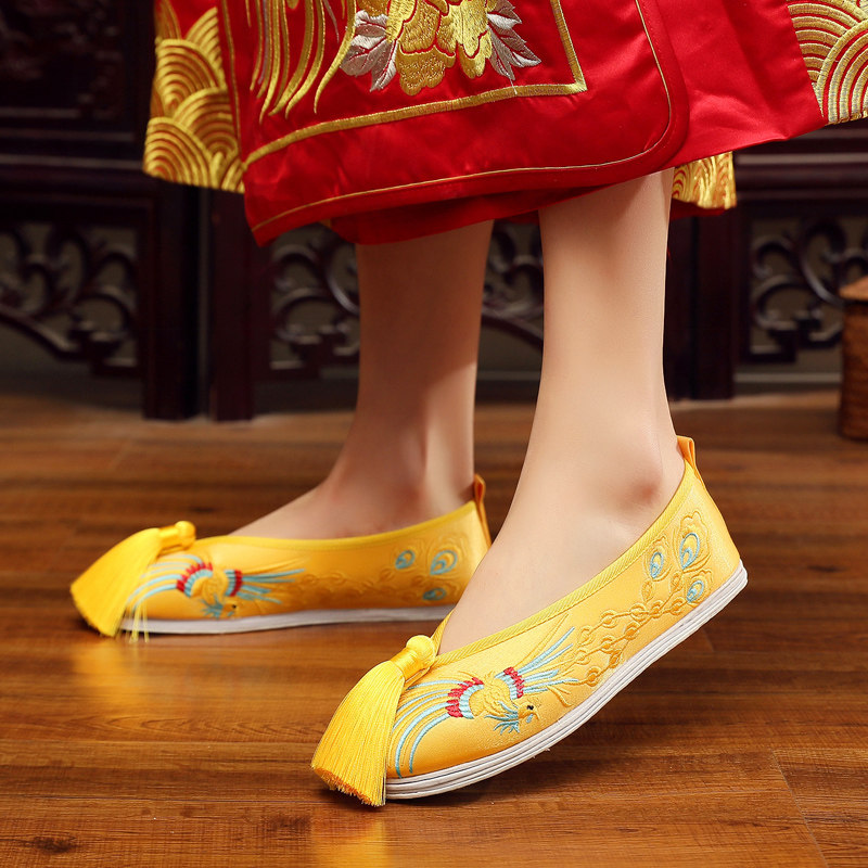 秀禾鞋婚鞋黄色中式平底布鞋24新款金色新娘结婚鞋配龙凤褂绣花鞋,淘宝优惠券,粉丝福利购,淘宝优惠卷