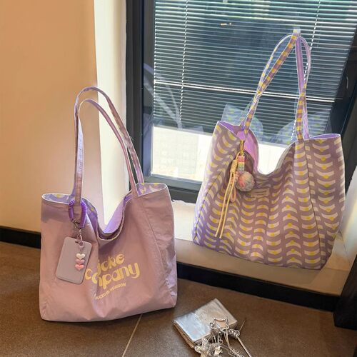 韩系字母印花日常百搭托特包女ins风芋泥紫双面大容量通勤单肩包 - 图1