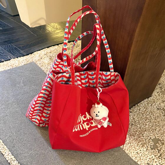 Korean red casual plaid canvas bag for women large capacity letter shoulder tote bag double-sided commuting bag