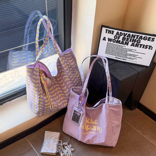 韩系字母印花日常百搭托特包女ins风芋泥紫双面大容量通勤单肩包 - 图0