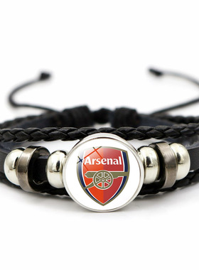 欧洲联赛豪门足球队logo手工编织手链男女通用黑色皮革手饰品