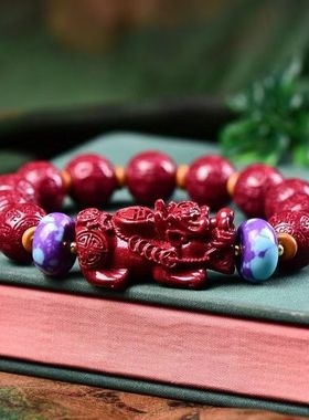天然高含量朱砂紫金砂13毫米百财珠貔貅原创设计男女手链手串