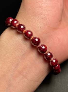 天然原矿朱砂全透光晶体手工打磨7毫米圆珠手链颗颗全透光收藏级