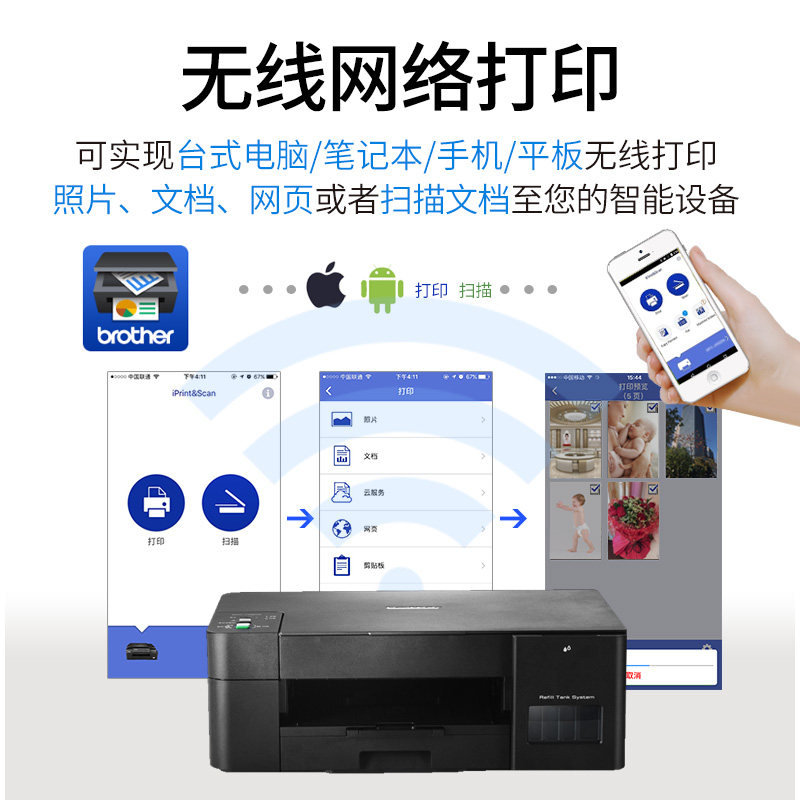 兄弟彩色喷墨打印机dcp-t725dw连供 同心诚信办公用品喷墨多功能一体机