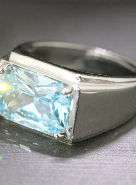 长方形海蓝宝戒指男潮牌925纯银