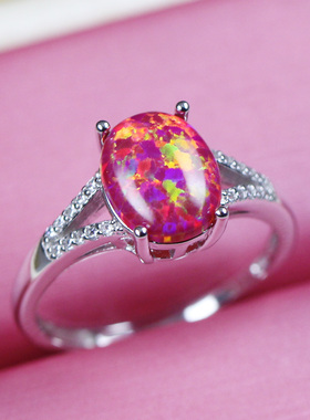 彩色宝石纯银欧泊戒指送女友礼物