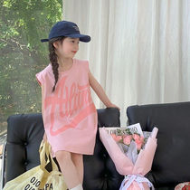 Girl Sleeveless Vest Skirt 2023 Summer Ocean Dress Woman baby T-shirt Skirt Pure Cotton Children Princess Dress C